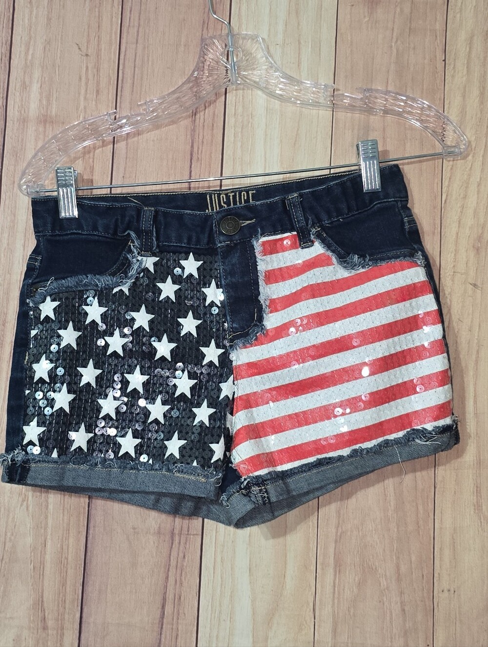Justice Shorts American Flag Blue Denim Frayed Hem Girls Size 16 Shorts